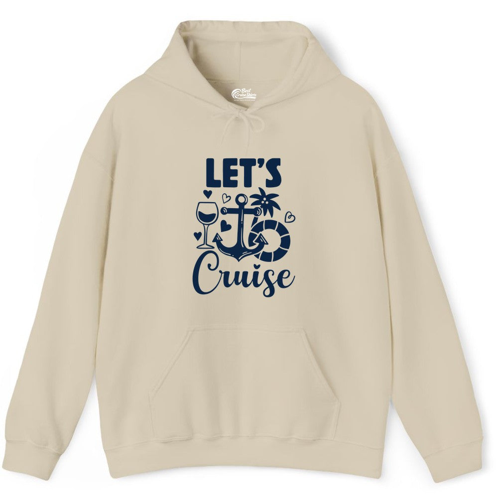 Let's Cruise Shirt - Fun Nautical Cruise Vacation Tee for Travelers (Hoodie) in Sand - Let's Cruise Shirt - Playful Nautical Anchor Palm and Lifesaver Design