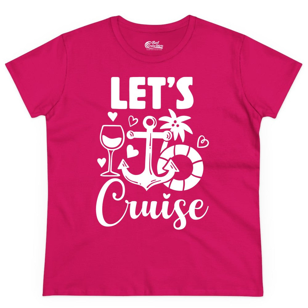 Let's Cruise Shirt - Fun Nautical Cruise Vacation Tee for Travelers (Ladies Tee) in Heliconia - Let's Cruise Shirt - Playful Nautical Anchor Palm and Lifesaver Design