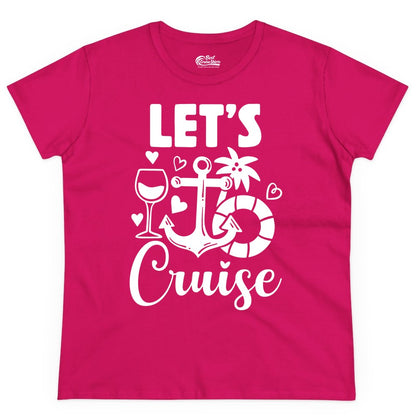 Let's Cruise Shirt - Fun Nautical Cruise Vacation Tee for Travelers (Ladies Tee) in Heliconia - Let's Cruise Shirt - Playful Nautical Anchor Palm and Lifesaver Design