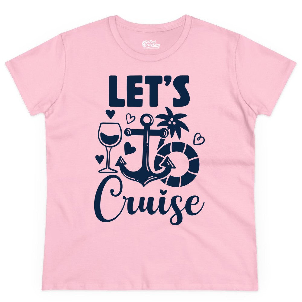 Let's Cruise Shirt - Fun Nautical Cruise Vacation Tee for Travelers (Ladies Tee) in Light Pink - Let's Cruise Shirt - Playful Nautical Anchor Palm and Lifesaver Design