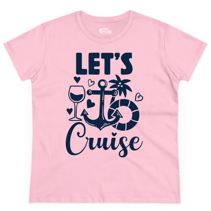 Let's Cruise Shirt - Fun Nautical Cruise Vacation Tee for Travelers (Ladies Tee) in Light Pink - Let's Cruise Shirt - Playful Nautical Anchor Palm and Lifesaver Design