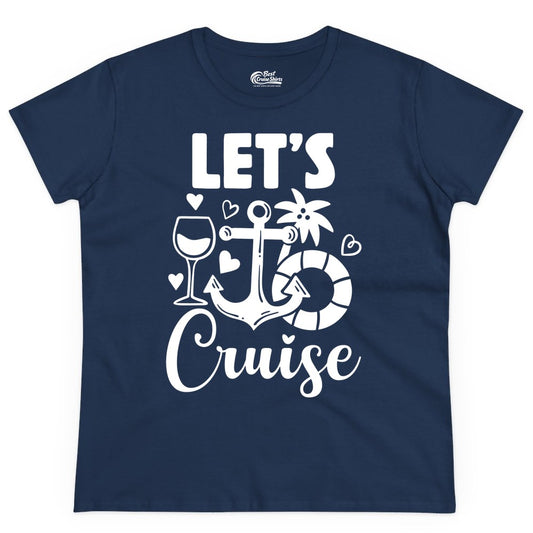 Let's Cruise Shirt - Fun Nautical Cruise Vacation Tee for Travelers (Ladies Tee) in Navy - Let's Cruise Shirt - Playful Nautical Anchor Palm and Lifesaver Design