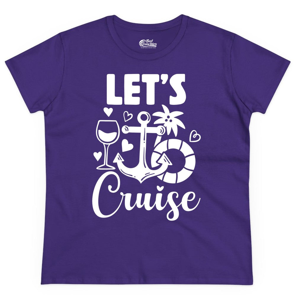 Let's Cruise Shirt - Fun Nautical Cruise Vacation Tee for Travelers (Ladies Tee) in Purple - Let's Cruise Shirt - Playful Nautical Anchor Palm and Lifesaver Design
