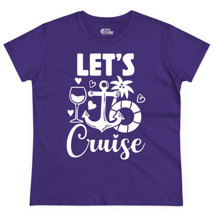 Let's Cruise Shirt - Fun Nautical Cruise Vacation Tee for Travelers (Ladies Tee) in Purple - Let's Cruise Shirt - Playful Nautical Anchor Palm and Lifesaver Design