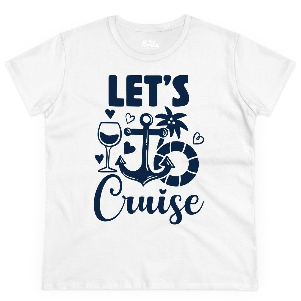 Let's Cruise Shirt - Fun Nautical Cruise Vacation Tee for Travelers (Ladies Tee) in White - Let's Cruise Shirt - Playful Nautical Anchor Palm and Lifesaver Design