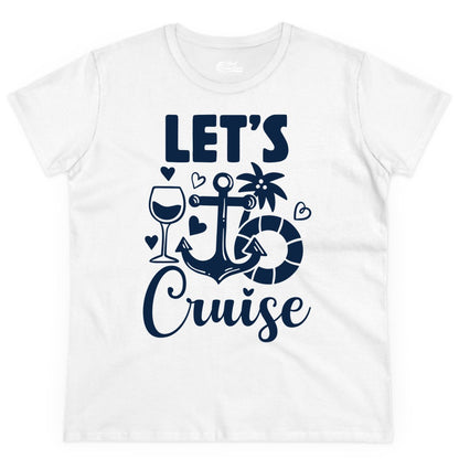 Let's Cruise Shirt - Fun Nautical Cruise Vacation Tee for Travelers (Ladies Tee) in White - Let's Cruise Shirt - Playful Nautical Anchor Palm and Lifesaver Design