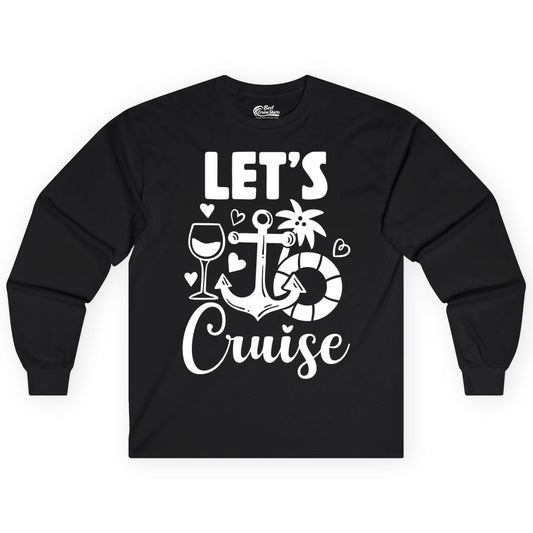 Let's Cruise Shirt - Fun Nautical Cruise Vacation Tee for Travelers (Long Sleeve) in Black - Let's Cruise Shirt - Playful Nautical Anchor Palm and Lifesaver Design
