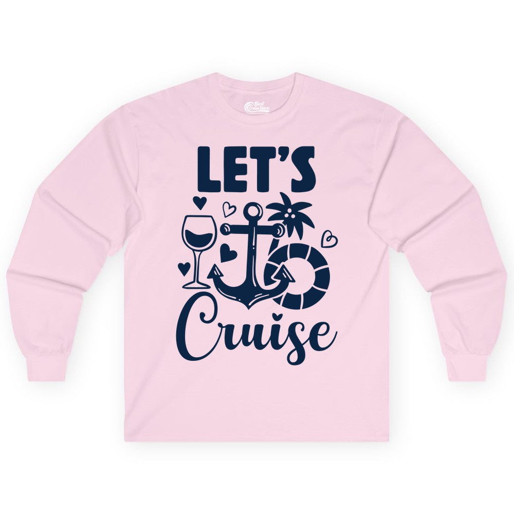 Let's Cruise Shirt - Fun Nautical Cruise Vacation Tee for Travelers (Long Sleeve) in Light Pink - Let's Cruise Shirt - Playful Nautical Anchor Palm and Lifesaver Design