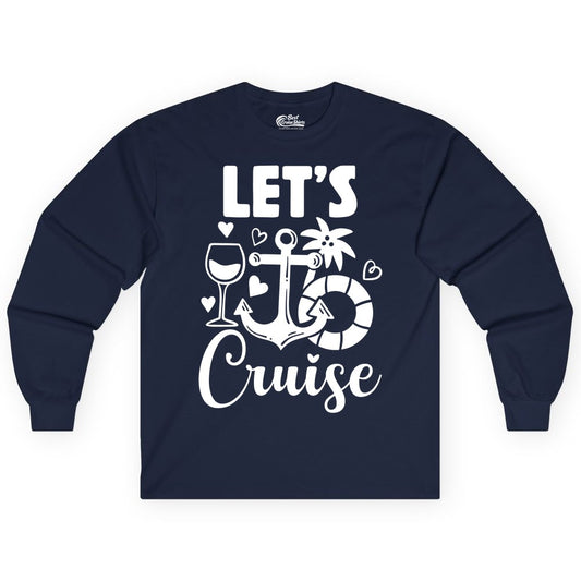 Let's Cruise Shirt - Fun Nautical Cruise Vacation Tee for Travelers (Long Sleeve) in Navy - Let's Cruise Shirt - Playful Nautical Anchor Palm and Lifesaver Design