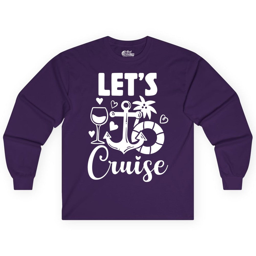 Let's Cruise Shirt - Fun Nautical Cruise Vacation Tee for Travelers (Long Sleeve) in Purple - Let's Cruise Shirt - Playful Nautical Anchor Palm and Lifesaver Design