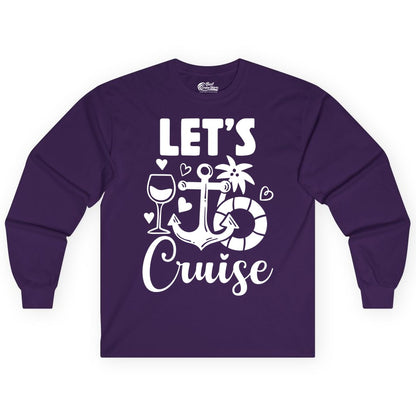 Let's Cruise Shirt - Fun Nautical Cruise Vacation Tee for Travelers (Long Sleeve) in Purple - Let's Cruise Shirt - Playful Nautical Anchor Palm and Lifesaver Design