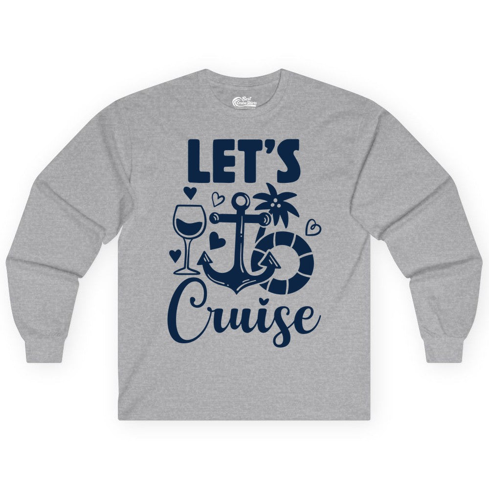 Let's Cruise Shirt - Fun Nautical Cruise Vacation Tee for Travelers (Long Sleeve) in Sport Grey - Let's Cruise Shirt - Playful Nautical Anchor Palm and Lifesaver Design