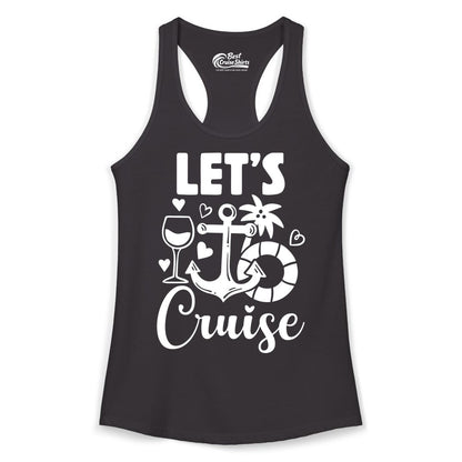 Let's Cruise Shirt - Fun Nautical Cruise Vacation Tee for Travelers (Ladies Tank) in Black - Let's Cruise Shirt - Playful Nautical Anchor Palm and Lifesaver Design