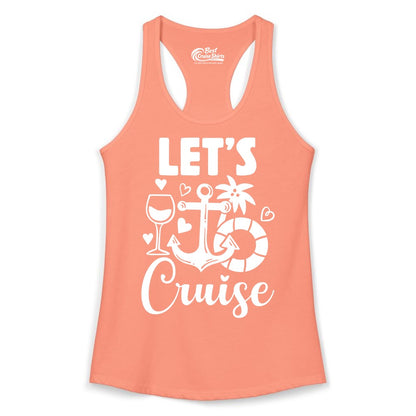 Let's Cruise Shirt - Fun Nautical Cruise Vacation Tee for Travelers (Ladies Tank) in Solid Light Orange - Let's Cruise Shirt - Playful Nautical Anchor Palm and Lifesaver Design