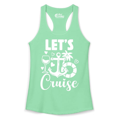 Let's Cruise Shirt - Fun Nautical Cruise Vacation Tee for Travelers (Ladies Tank) in Solid Mint - Let's Cruise Shirt - Playful Nautical Anchor Palm and Lifesaver Design