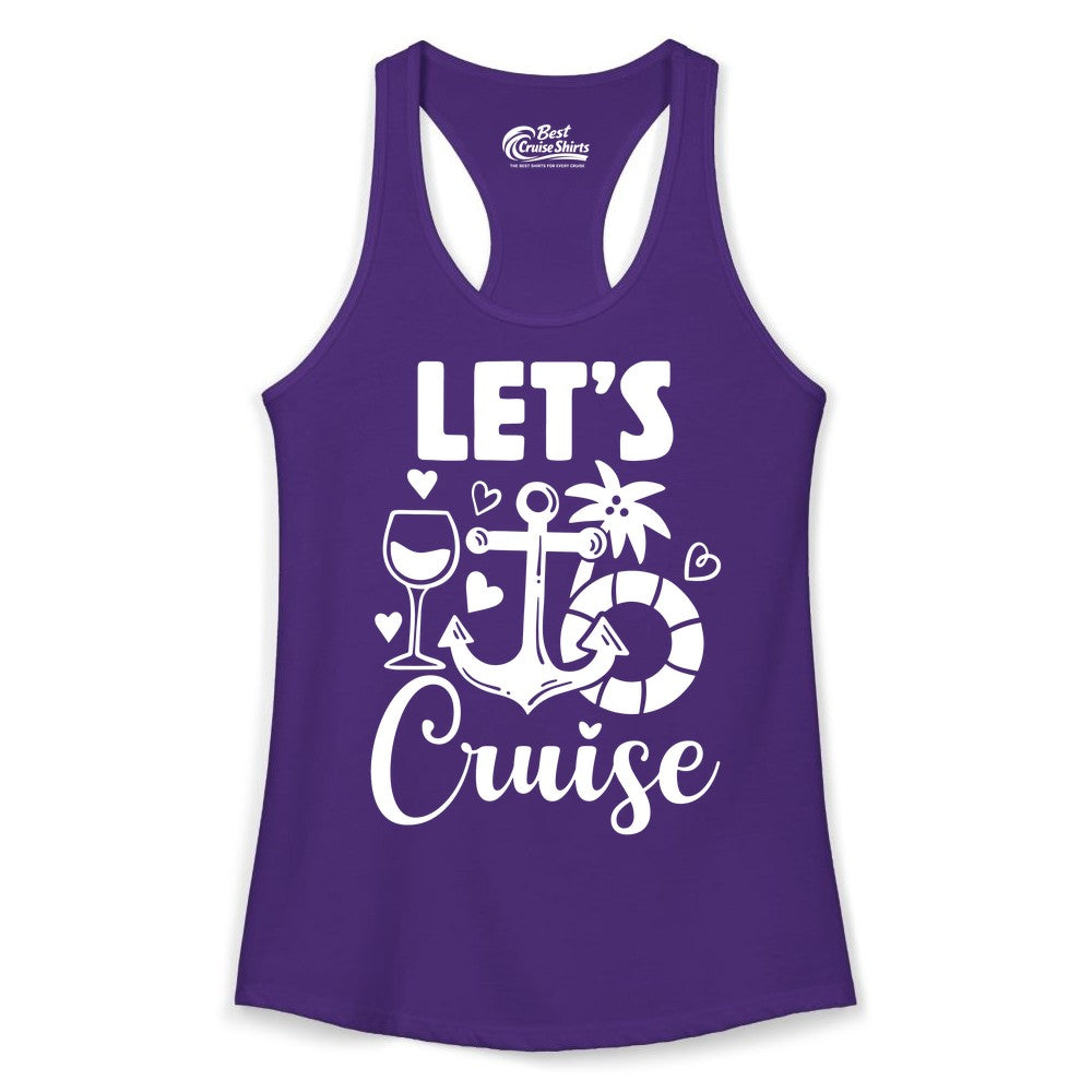 Let's Cruise Shirt - Fun Nautical Cruise Vacation Tee for Travelers (Ladies Tank) in Solid Purple Rush - Let's Cruise Shirt - Playful Nautical Anchor Palm and Lifesaver Design
