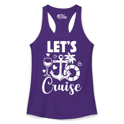 Let's Cruise Shirt - Fun Nautical Cruise Vacation Tee for Travelers (Ladies Tank) in Solid Purple Rush - Let's Cruise Shirt - Playful Nautical Anchor Palm and Lifesaver Design