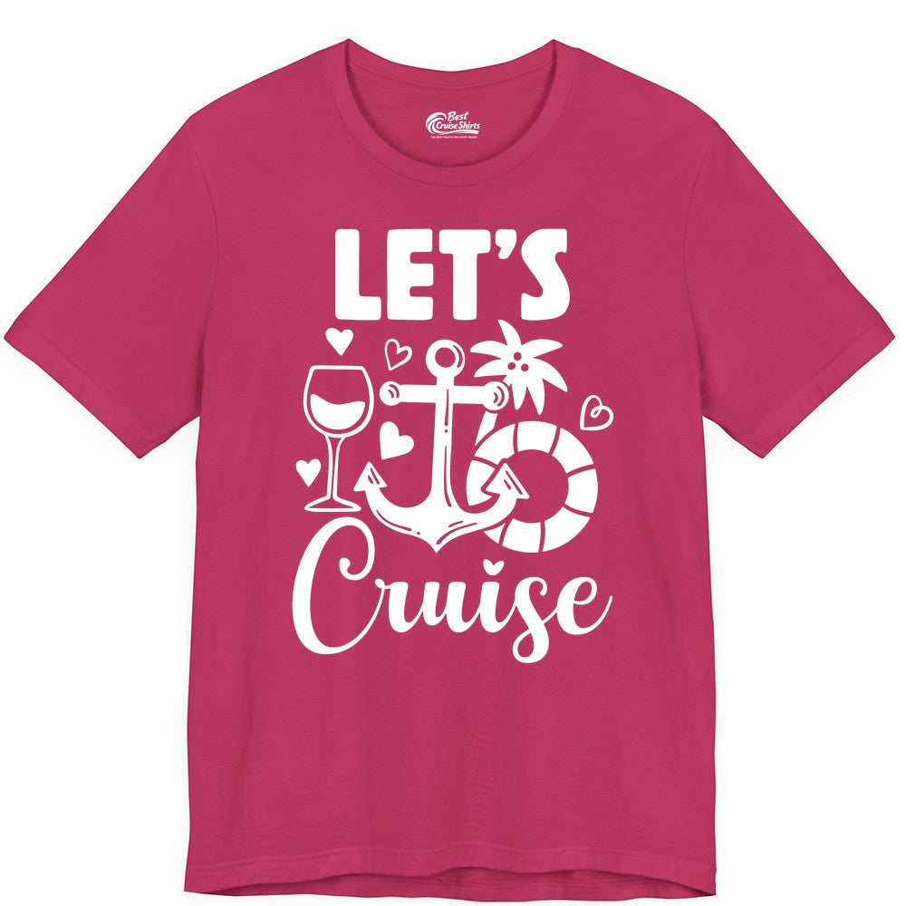 Let's Cruise Shirt - Fun Nautical Cruise Vacation Tee for Travelers (Premium Tee) in Berry - Let's Cruise Shirt - Playful Nautical Anchor Palm and Lifesaver Design