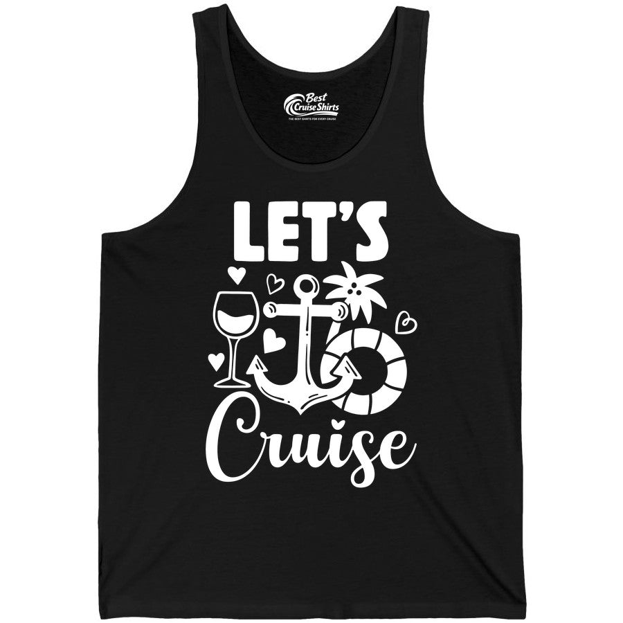 Let's Cruise Shirt - Fun Nautical Cruise Vacation Tee for Travelers (Tank Top) in Black - Let's Cruise Shirt - Playful Nautical Anchor Palm and Lifesaver Design