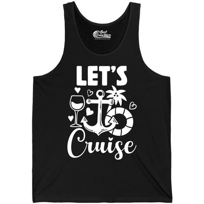 Let's Cruise Shirt - Fun Nautical Cruise Vacation Tee for Travelers (Tank Top) in Black - Let's Cruise Shirt - Playful Nautical Anchor Palm and Lifesaver Design