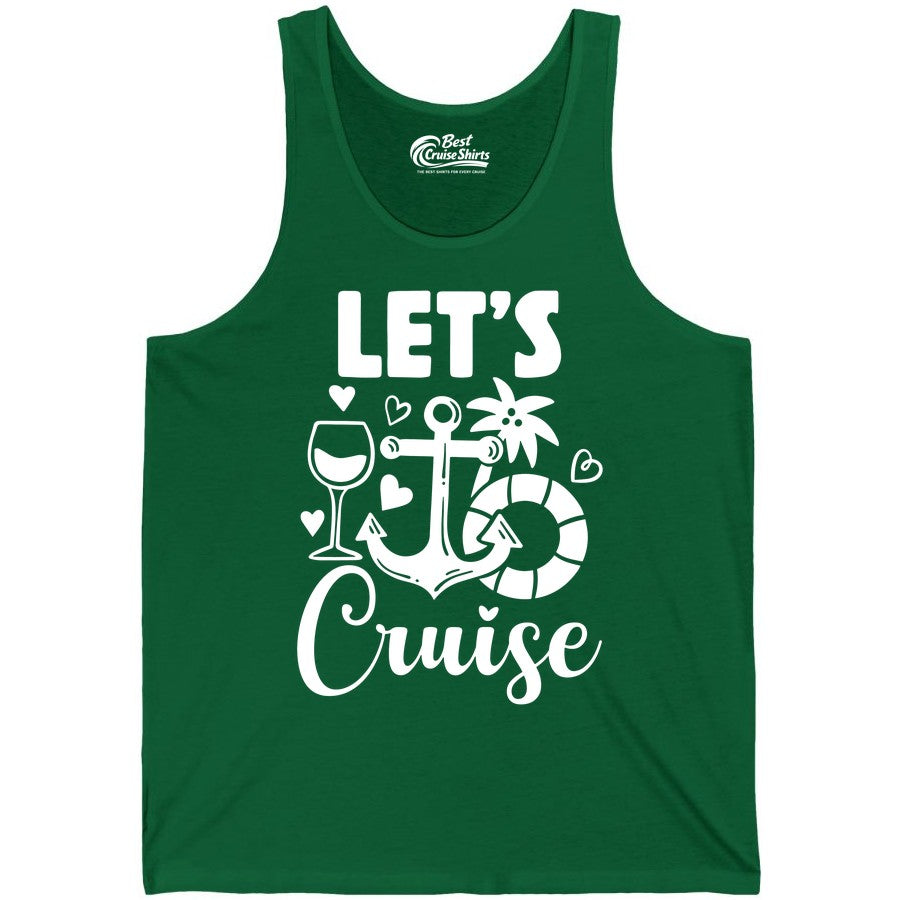 Let's Cruise Shirt - Fun Nautical Cruise Vacation Tee for Travelers (Tank Top) in Kelly - Let's Cruise Shirt - Playful Nautical Anchor Palm and Lifesaver Design