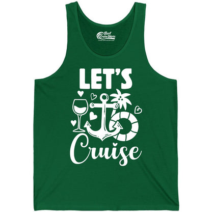 Let's Cruise Shirt - Fun Nautical Cruise Vacation Tee for Travelers (Tank Top) in Kelly - Let's Cruise Shirt - Playful Nautical Anchor Palm and Lifesaver Design