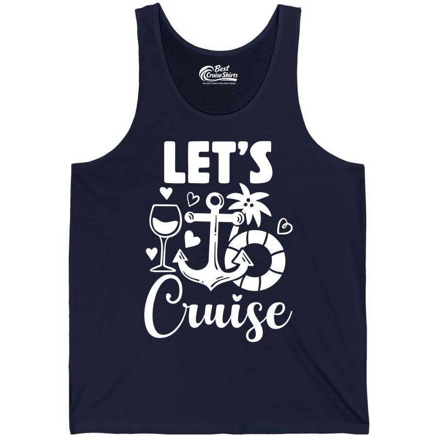 Let's Cruise Shirt - Fun Nautical Cruise Vacation Tee for Travelers (Tank Top) in Navy - Let's Cruise Shirt - Playful Nautical Anchor Palm and Lifesaver Design