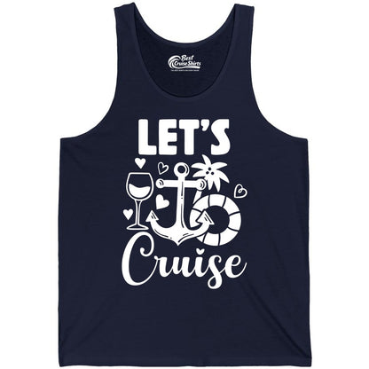Let's Cruise Shirt - Fun Nautical Cruise Vacation Tee for Travelers (Tank Top) in Navy - Let's Cruise Shirt - Playful Nautical Anchor Palm and Lifesaver Design