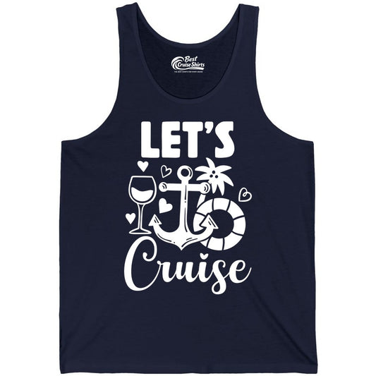 Let's Cruise Shirt - Fun Nautical Cruise Vacation Tee for Travelers (Tank Top) in Navy - Let's Cruise Shirt - Playful Nautical Anchor Palm and Lifesaver Design