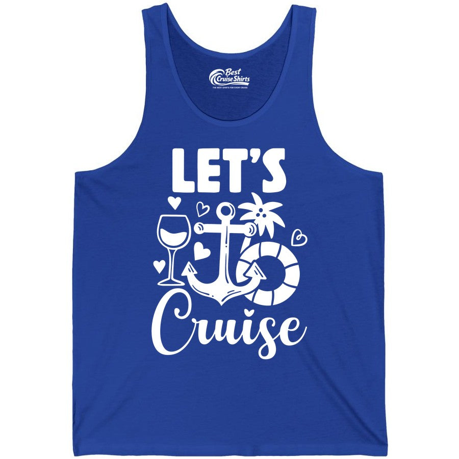 Let's Cruise Shirt - Fun Nautical Cruise Vacation Tee for Travelers (Tank Top) in True Royal - Let's Cruise Shirt - Playful Nautical Anchor Palm and Lifesaver Design