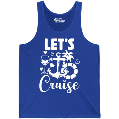 Let's Cruise Shirt - Fun Nautical Cruise Vacation Tee for Travelers (Tank Top) in True Royal - Let's Cruise Shirt - Playful Nautical Anchor Palm and Lifesaver Design