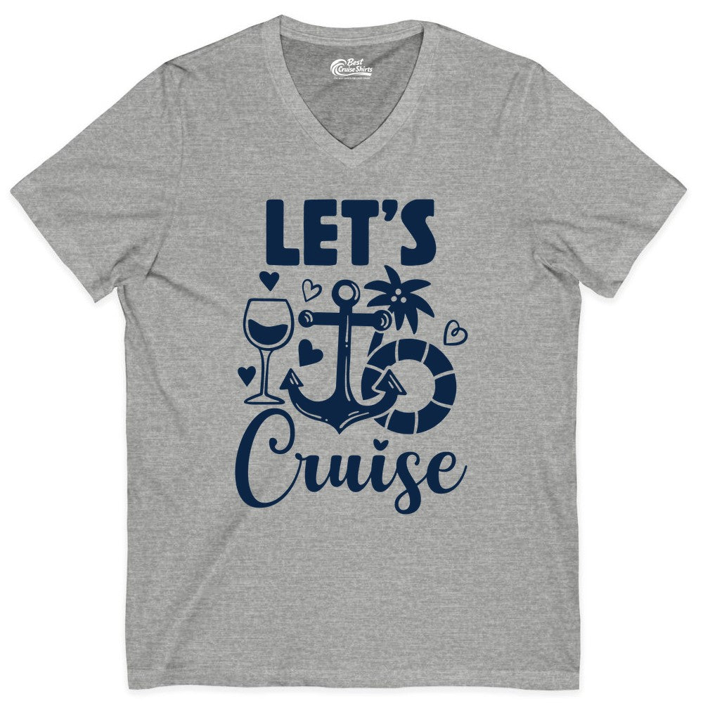 Let's Cruise Shirt - Fun Nautical Cruise Vacation Tee for Travelers (V-Neck) in Athletic Heather - Let's Cruise Shirt - Playful Nautical Anchor Palm and Lifesaver Design