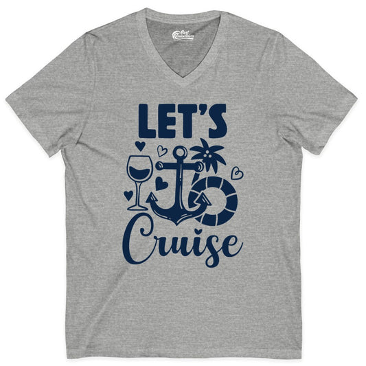 Let's Cruise Shirt - Fun Nautical Cruise Vacation Tee for Travelers (V-Neck) in Athletic Heather - Let's Cruise Shirt - Playful Nautical Anchor Palm and Lifesaver Design