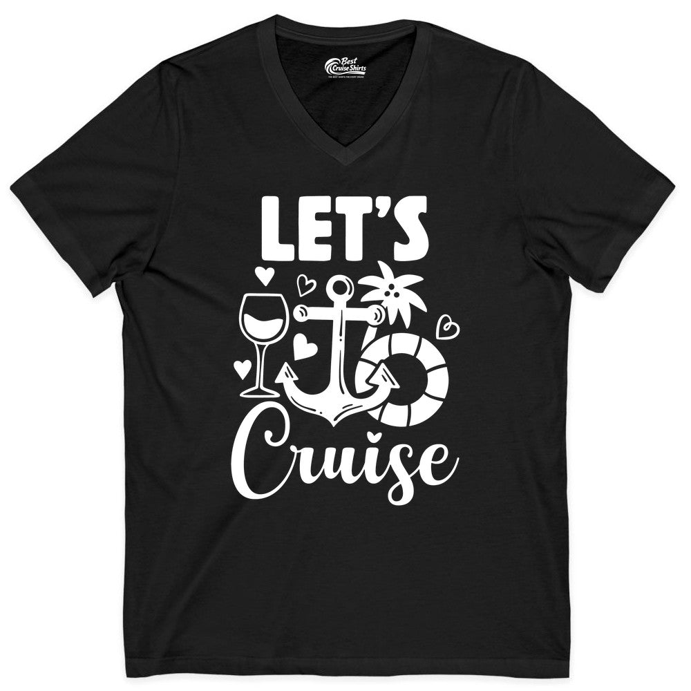 Let's Cruise Shirt - Fun Nautical Cruise Vacation Tee for Travelers (V-Neck) in Black - Let's Cruise Shirt - Playful Nautical Anchor Palm and Lifesaver Design
