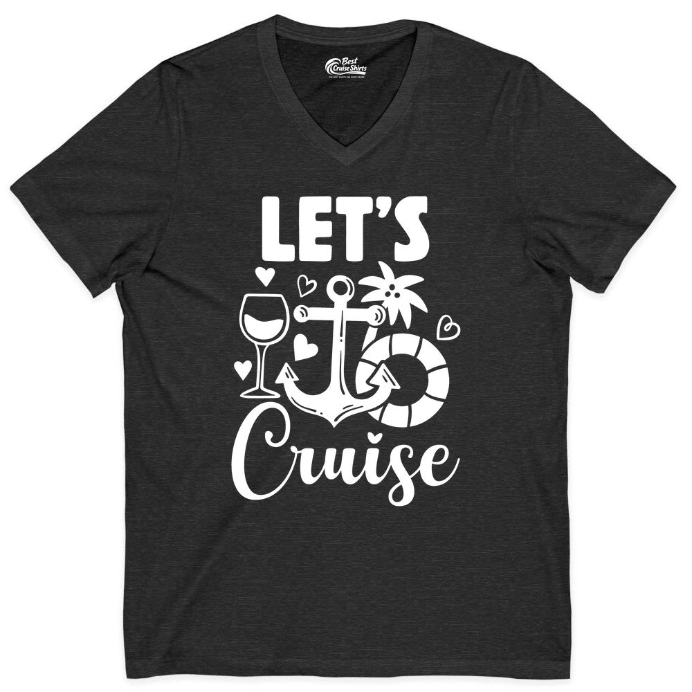 Let's Cruise Shirt - Fun Nautical Cruise Vacation Tee for Travelers (V-Neck) in Dark Grey Heather - Let's Cruise Shirt - Playful Nautical Anchor Palm and Lifesaver Design