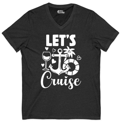 Let's Cruise Shirt - Fun Nautical Cruise Vacation Tee for Travelers (V-Neck) in Dark Grey Heather - Let's Cruise Shirt - Playful Nautical Anchor Palm and Lifesaver Design