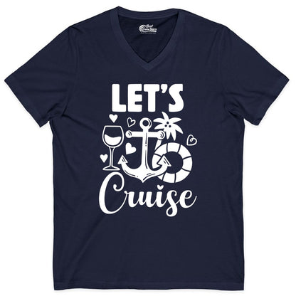 Let's Cruise Shirt - Fun Nautical Cruise Vacation Tee for Travelers (V-Neck) in Navy - Let's Cruise Shirt - Playful Nautical Anchor Palm and Lifesaver Design