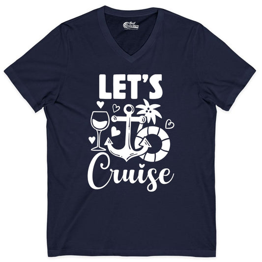 Let's Cruise Shirt - Fun Nautical Cruise Vacation Tee for Travelers (V-Neck) in Navy - Let's Cruise Shirt - Playful Nautical Anchor Palm and Lifesaver Design