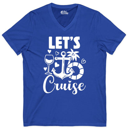 Let's Cruise Shirt - Fun Nautical Cruise Vacation Tee for Travelers (V-Neck) in True Royal - Let's Cruise Shirt - Playful Nautical Anchor Palm and Lifesaver Design
