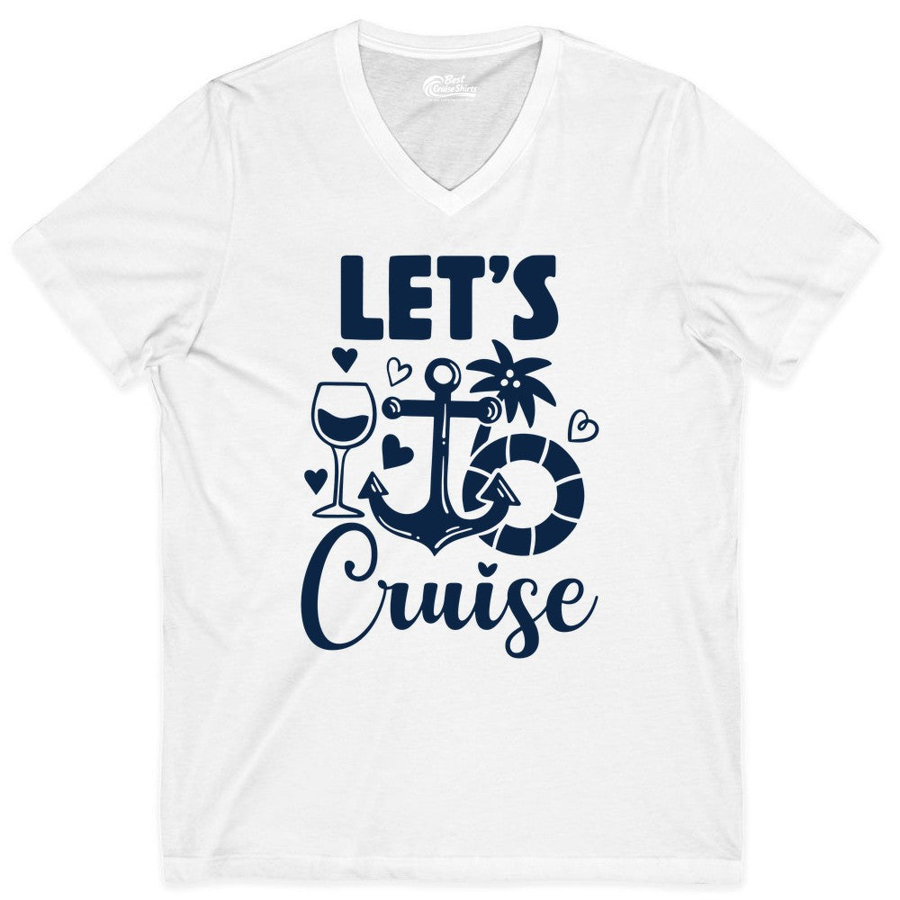 Let's Cruise Shirt - Fun Nautical Cruise Vacation Tee for Travelers (V-Neck) in White - Let's Cruise Shirt - Playful Nautical Anchor Palm and Lifesaver Design