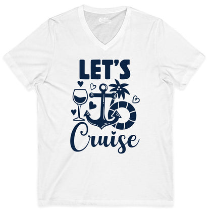 Let's Cruise Shirt - Fun Nautical Cruise Vacation Tee for Travelers (V-Neck) in White - Let's Cruise Shirt - Playful Nautical Anchor Palm and Lifesaver Design