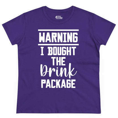 Cruise Drink Package Shirt - Funny Cruise Drinking Warning Tee (Ladies Tee) in Purple - Warning I Bought The Drink Package Funny Cruise Shirt Bold Script