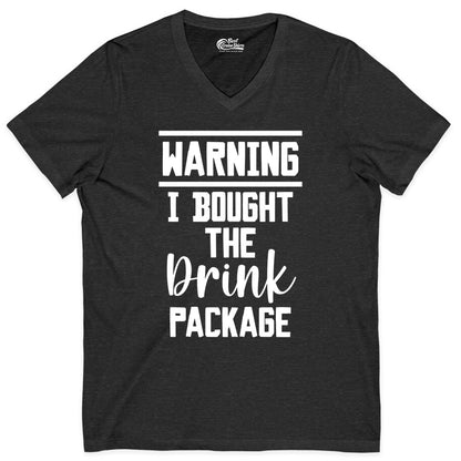 Cruise Drink Package Shirt - Funny Cruise Drinking Warning Tee (V-Neck) in Dark Grey Heather - Warning I Bought The Drink Package Funny Cruise Shirt Bold Script