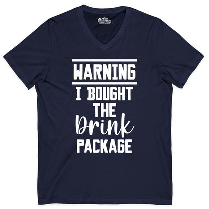 Cruise Drink Package Shirt - Funny Cruise Drinking Warning Tee (V-Neck) in Navy - Warning I Bought The Drink Package Funny Cruise Shirt Bold Script