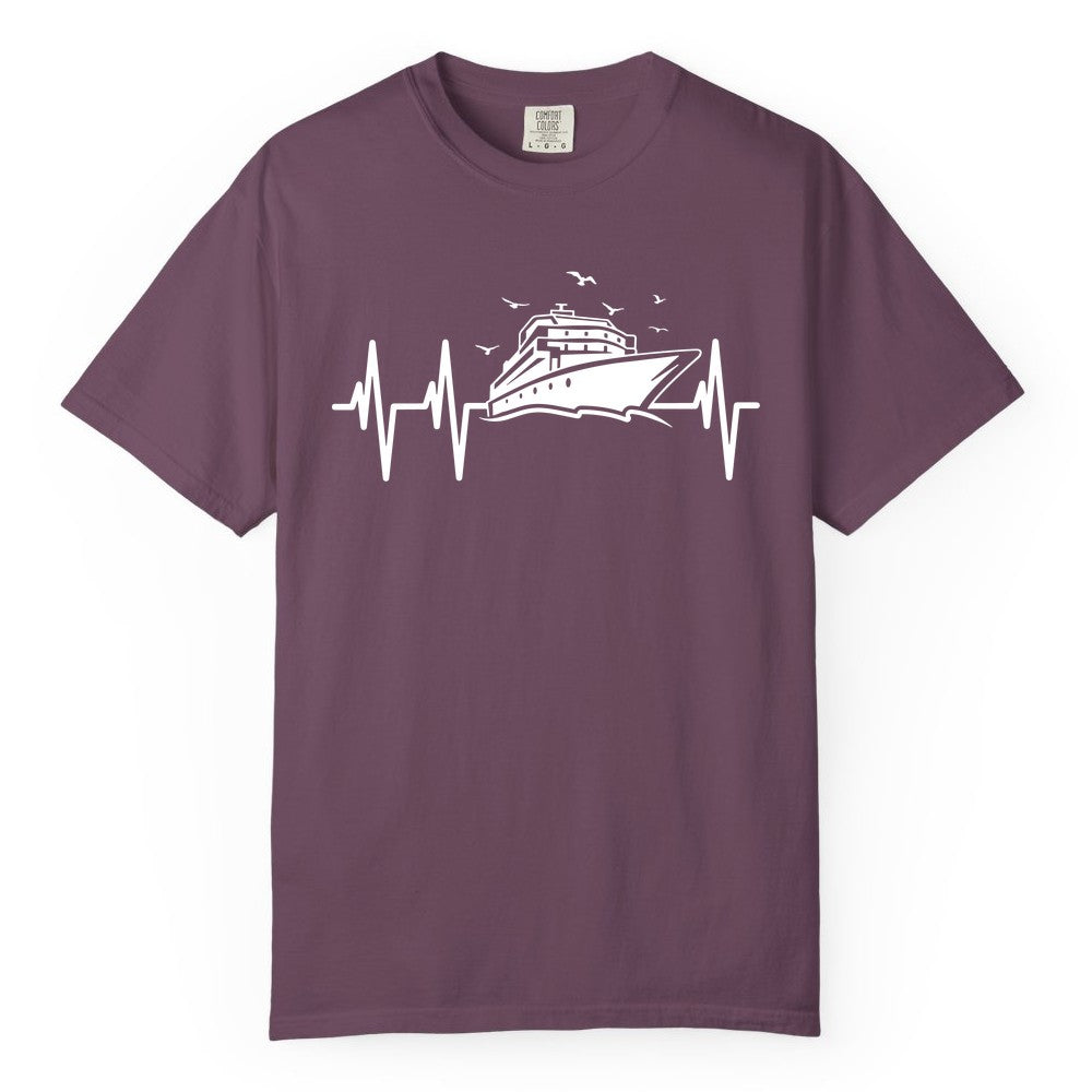 Cruise Heartbeat Shirt - Nautical Cruise Lover Gift Vacation Apparel (Comfort Color) in Berry - Cruise Heartbeat Shirt - Nautical Cruise Ship Outline With Seagulls Design