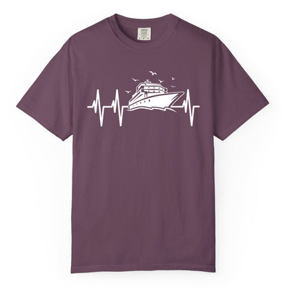 Cruise Heartbeat Shirt - Nautical Cruise Lover Gift Vacation Apparel (Comfort Color) in Berry - Cruise Heartbeat Shirt - Nautical Cruise Ship Outline With Seagulls Design