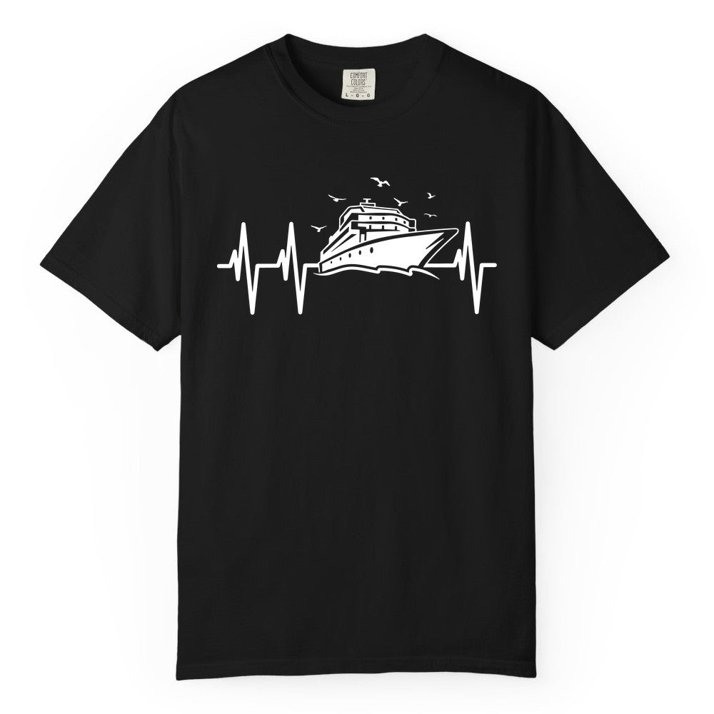 Cruise Heartbeat Shirt - Nautical Cruise Lover Gift Vacation Apparel (Comfort Color) in Black - Cruise Heartbeat Shirt - Nautical Cruise Ship Outline With Seagulls Design