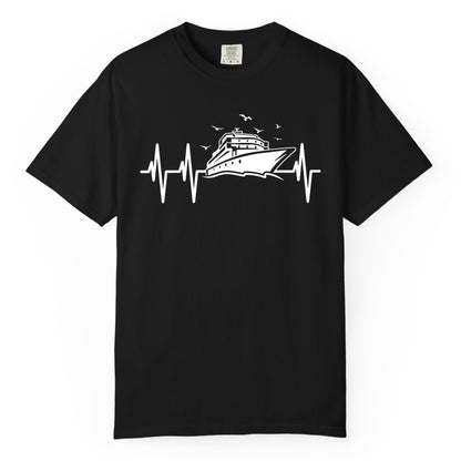 Cruise Heartbeat Shirt - Nautical Cruise Lover Gift Vacation Apparel (Comfort Color) in Black - Cruise Heartbeat Shirt - Nautical Cruise Ship Outline With Seagulls Design