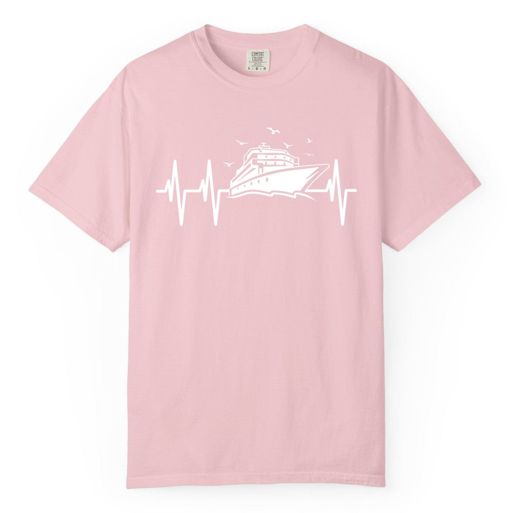 Cruise Heartbeat Shirt - Nautical Cruise Lover Gift Vacation Apparel (Comfort Color) in Blossom - Cruise Heartbeat Shirt - Nautical Cruise Ship Outline With Seagulls Design