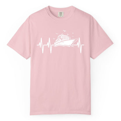 Cruise Heartbeat Shirt - Nautical Cruise Lover Gift Vacation Apparel (Comfort Color) in Blossom - Cruise Heartbeat Shirt - Nautical Cruise Ship Outline With Seagulls Design